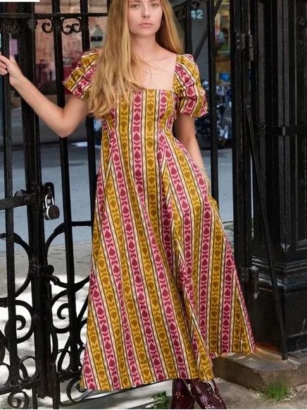 Hill House Home Striped Square-Neck Maxi Dress In Mustard & Pink